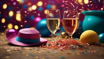 Festive celebration with champagne and colorful confetti decorations.