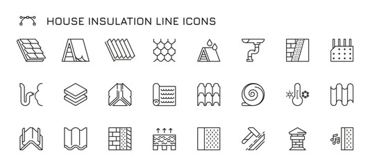 House insulation line icons. Warm insulation materials for walls and ceiling, home renovation and construction. Vector flat set of roof rockwool and thermal icon illustration