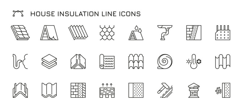 House insulation line icons. Warm insulation materials for walls and ceiling, home renovation and construction. Vector flat set of roof rockwool and thermal icon illustration