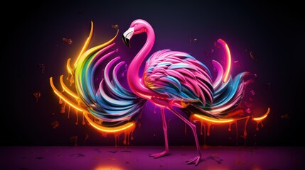 Fototapeta premium a flamingo standing in front of a dark background with colorful streaks of paint on it's back legs.