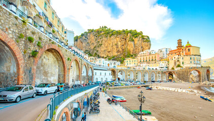 Scenic view of Atrani town on the Amalfi Coast, Italy