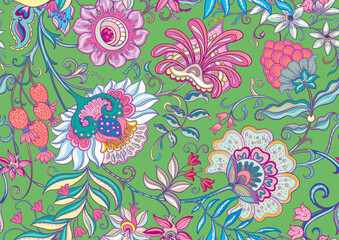 Fantasy flowers in retro, vintage, jacobean embroidery style. Seamless pattern, background. Vector illustration.