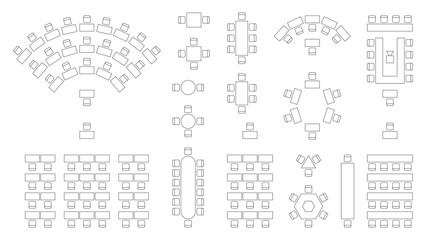 Wedding seating plan. Conference banquet and seminar classroom interior, conference hall and seminar room interior design. Vector top view of arrangement of banquet furniture seats illustration - obrazy, fototapety, plakaty