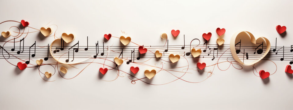 Golden and red hearts dance among music notes, a charming background for a Valentine's Day Music Playlist. It's a visual ode to romance and melody.
