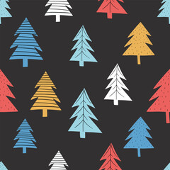Winter seamless hand drawn pattern with colorful Christmas trees. Scandinavian design style. Vector illustration