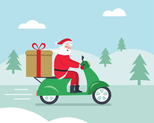 Online fast Christmas gift delivery by motor scooter. Santa Claus riding a scooter with a delivery gift box. Vector illustration