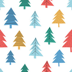 Winter seamless hand drawn pattern with colorful Christmas trees. Scandinavian design style. Vector illustration