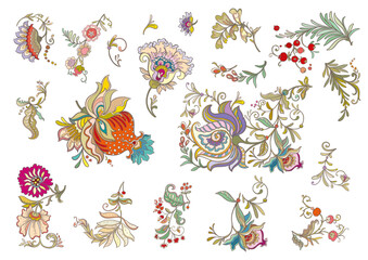 Fantasy flowers in retro, vintage, jacobean embroidery style. Clip art, set of elements for design Vector illustration.
