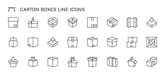 Box line icons. Black shipping carton for parcel, empty crate for delivery goods, board packaging for computer software. Vector isolated set of package parcel shipping illustration