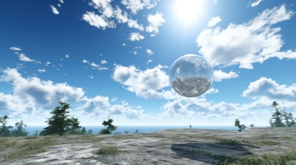  a computer generated image of a landscape with trees and clouds in the foreground and a blue sky with white clouds in the background.