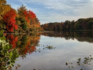 Autumn landscape with lake, trees and cloudy sky reflected in water.  View of the Brainerd Lake in...