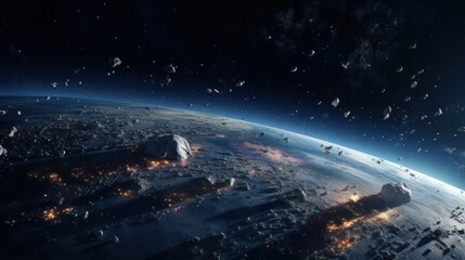  an artist's rendering of a space station on the surface of the earth with a lot of debris in the foreground.