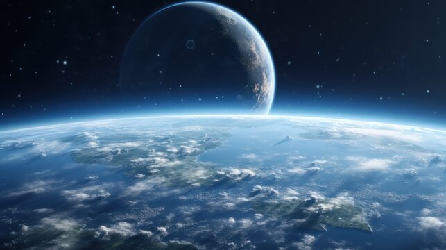  a view of the earth from space, with the moon in the middle of the picture and stars in the background.