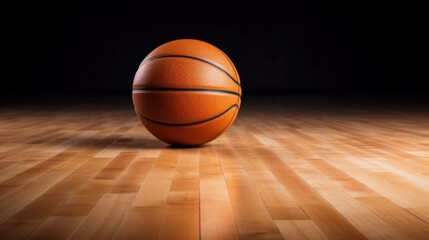  an orange basketball sitting on top of a hard wood floor in a dark room with a spotlight on the floor.