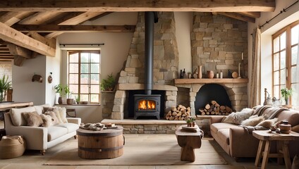 A rustic, country-style living space with exposed wooden beams and a stone fireplace. Generative AI