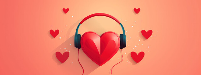 A heart with headphones against a warm background, evoking the loving tunes of a Valentine's Day music playlist.