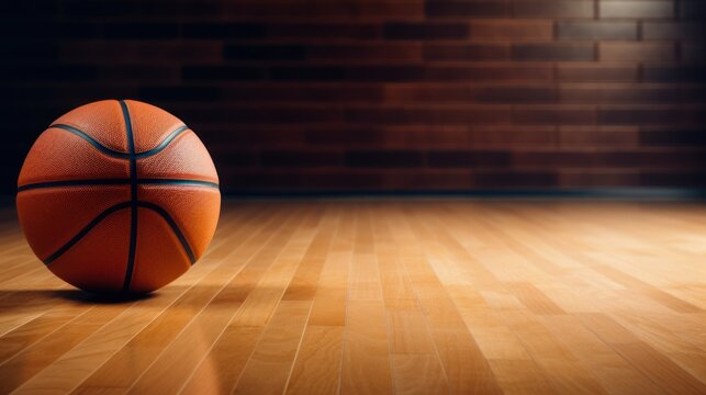  a close up of a basketball on a basketball court with a brick wall in the background and a wooden floor in the foreground.