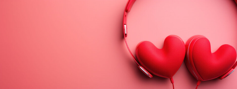 A pair of headphones embracing two heart shapes sets a romantic mood for a Valentine's Day music playlist.