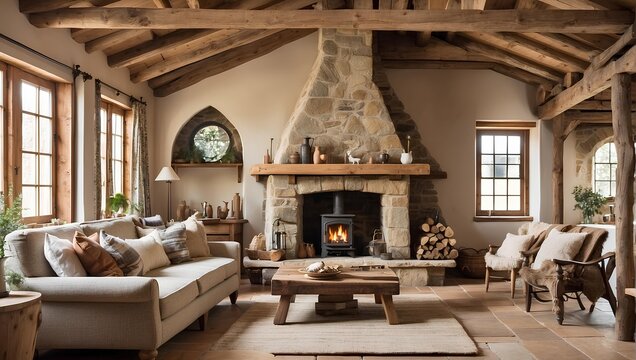 A rustic, country-style living space with exposed wooden beams and a stone fireplace. Generative AI