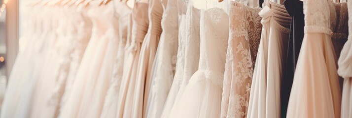 Elegant white wedding dresses hanging on hangers in a luxury bridal shop boutique salon