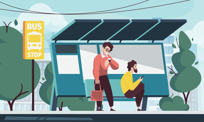 Public transport station. City transport infrastructure scene with passenger waiting for bus. Vector illustration of city station transport with people, passenger street