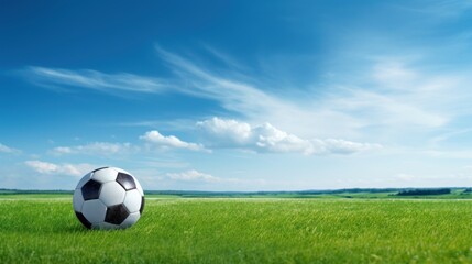  a soccer ball sitting in the middle of a field of green grass with a blue sky and clouds in the background.