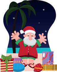 Santa Claus surrounded with presents at the beach. Christmas in the southern hemisphere. Summer season. File prepared for motion design