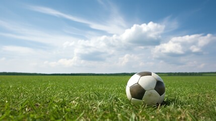 Fototapeta premium a soccer ball sitting in the middle of a field of grass with a blue sky and clouds in the background.