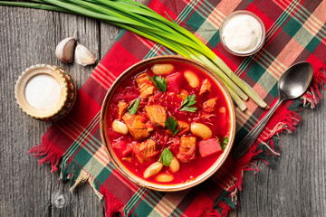 traditional Ukrainian borscht or red soup in the bowl - 683504774