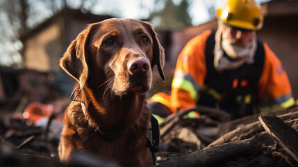 Labrador retriever a Rescue dog in an orange vest and a senior officer rescuer searches for people under the rubble of houses after the earthquake