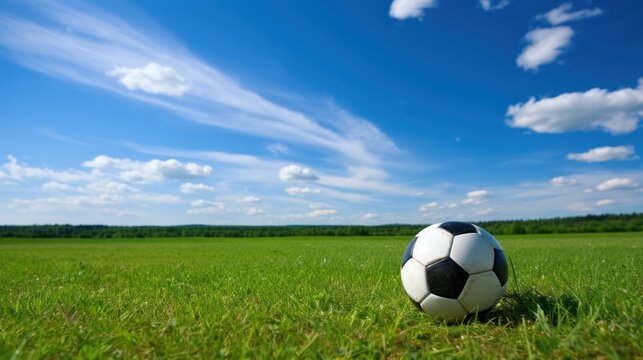  a soccer ball is sitting in the middle of a grassy field with a blue sky and clouds in the background.