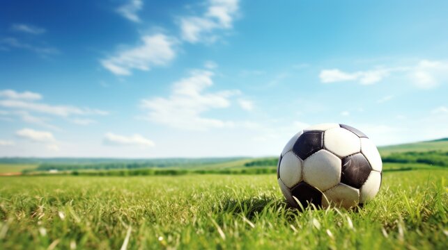  a soccer ball sitting in the middle of a field of grass with a blue sky and clouds in the background.