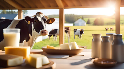 Dairy cows and milk products - obrazy, fototapety, plakaty