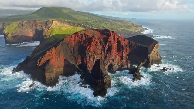 Cinematic drone shot of Capelinhos Volcano, Faial Island, Azores