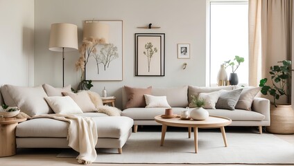 A cozy, minimalist living room with Scandinavian influences and a neutral color palette. Generative AI