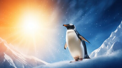  a penguin standing on top of a snow covered hill with a bright sun shining down on the mountain behind it.