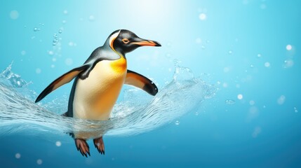  a yellow and black penguin floating in the water with its head above the water's surface on a sunny day.