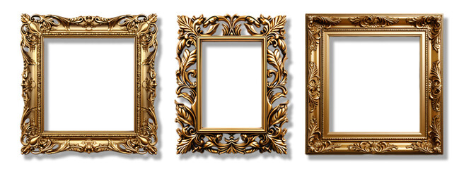 Set of Decorative antique gold frames of square shape with elegant carved decoration, isolated on transparent background, generative ai - obrazy, fototapety, plakaty