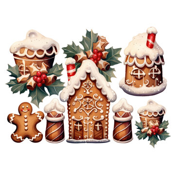 Christmas gingerbread clipart in watercolor painting design isolated transparent background
