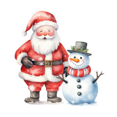 cute snowman and Santa in watercolor design isolated isolated transparent background