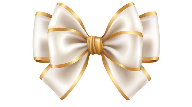 White and gold ribbon and bow isolated against transparent background