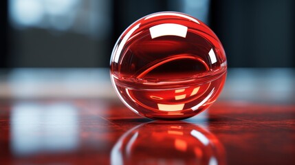  a close up of a red object on a table with a reflection of the object on the surface of the table.
