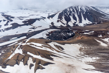 The lava dome of Novarupta. The Valley of Ten Thousand Smokes in Katmai National Park and Preserve in Alaska is filled with ash flow from Novarupta eruption in 1912. Aerial view of crater. 