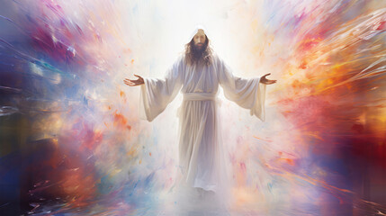 Jesus stands with open arms in a beautiful place bathed in colors