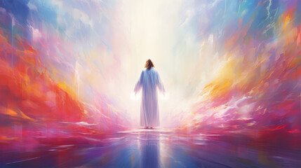 Jesus Christ stands with his back turned in a beautiful place bathed in colors