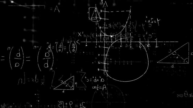 Mathematic and technology  overly black background screen video effect math and chemistry equations in white color randomly animated 4k video effect retro video
