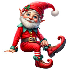 A cute Christmas Elf sitting on a flat surface isolated on a transparent background	