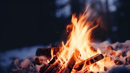 Campfire burning in cold