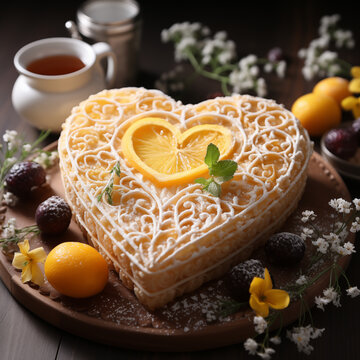 Tarta de limón y azúcar glass en forma de corazón helado,  adornado con frutas, visto de arriba, postal, receta, amor hecho en casa