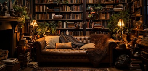 A cozy den with a wall of shelves filled with romantic novels and poetry. - obrazy, fototapety, plakaty